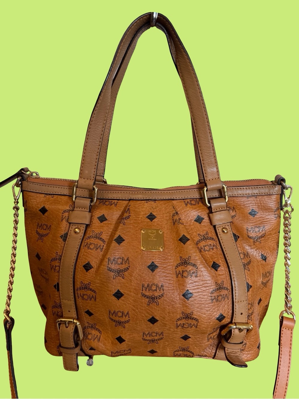 Authentic MCM Cognac Logo Visetos Shoulder Bag with Gold Hardware